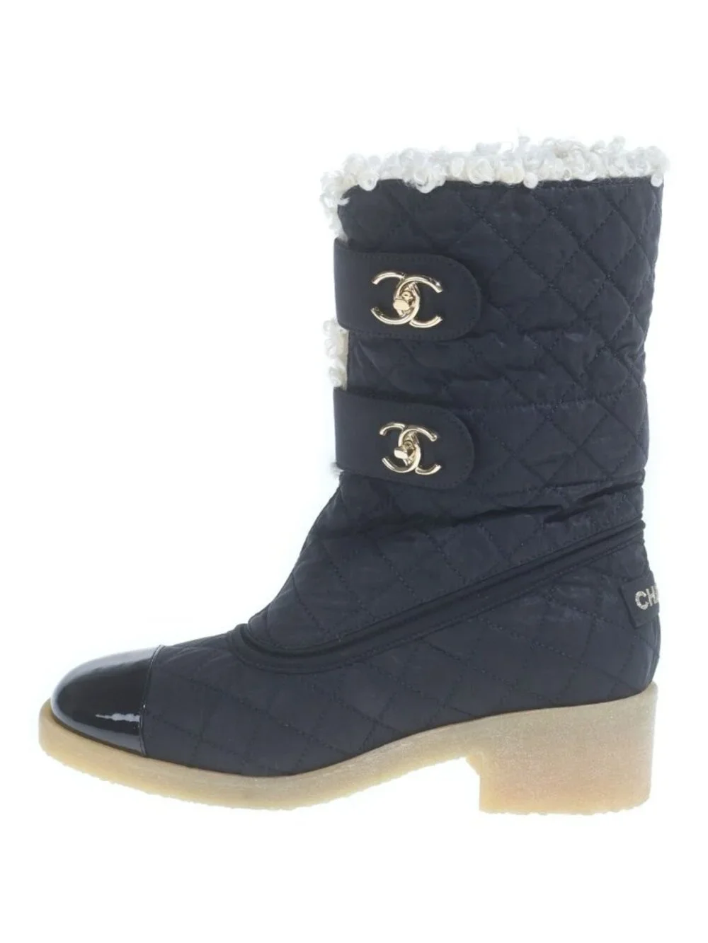 Chanel CC Logo Turnlock Quilted Nylon Patent Short Boots Shoes Black
